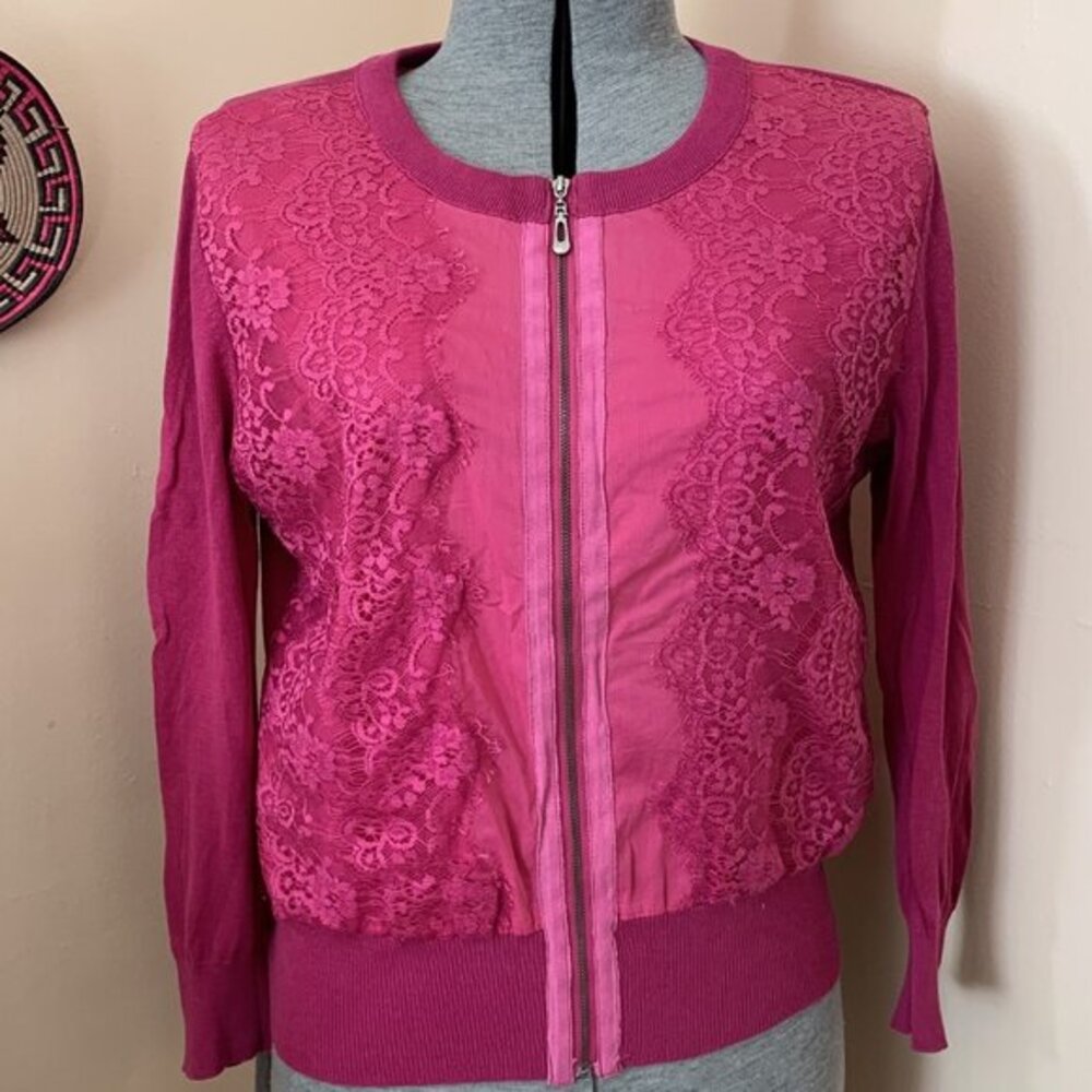 XOXO Womens Cardigan Sweater Pink Lace‎ Front Full Zip Long Sleeve Knit Top sz M